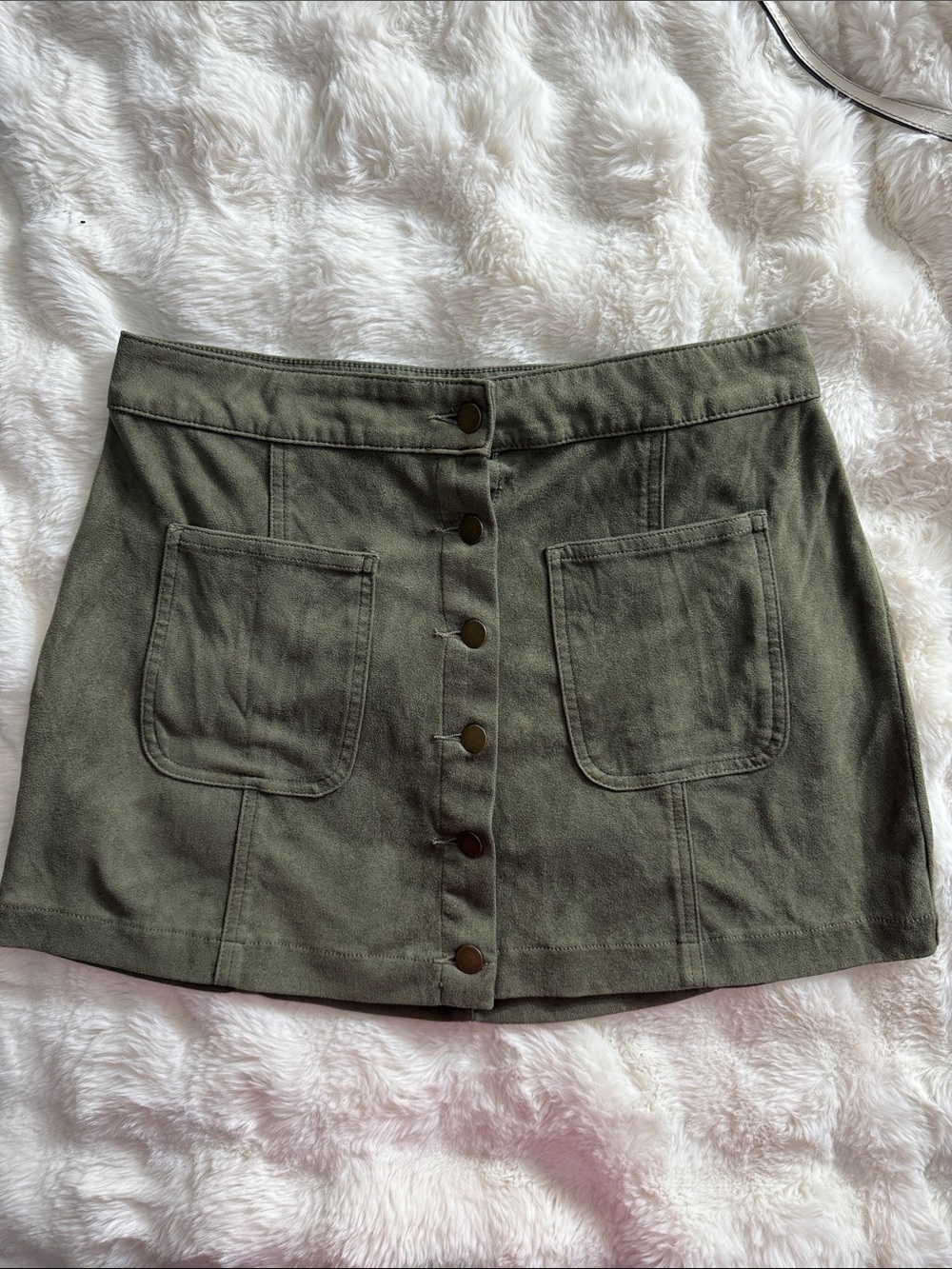 Altar’d State Olive Green Faux Suede Button Front Utility Mini Skirt L